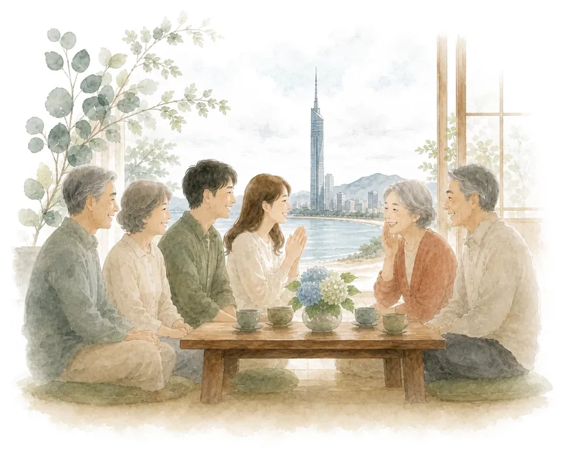 在福岡與兩邊父母分享喜訊的水彩畫