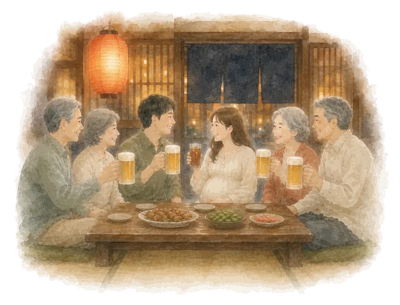 在福岡居酒屋與兩邊父母乾杯的水彩畫