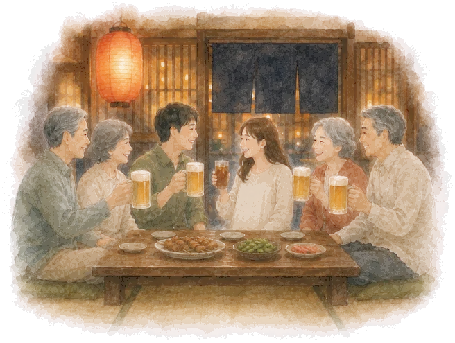 在福岡居酒屋與兩邊父母乾杯的水彩畫