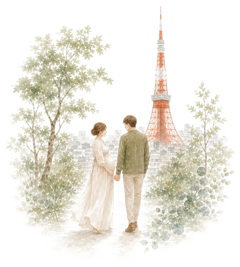 在東京塔下散步的水彩畫